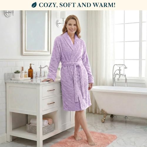 Image of PAVILIA Plush Robe for Women, Soft Fleece Short Bathrobe, Warm Lightweight Knee Length Lounge Robe with Pockets