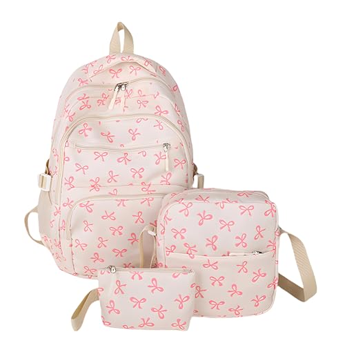 Bow Backpack for Women, 2025 New Bow Backpack Bags Set, Cute Kawaii Backpack Set, Coquette Nylon Backpack With Bow Pattern (Pink)