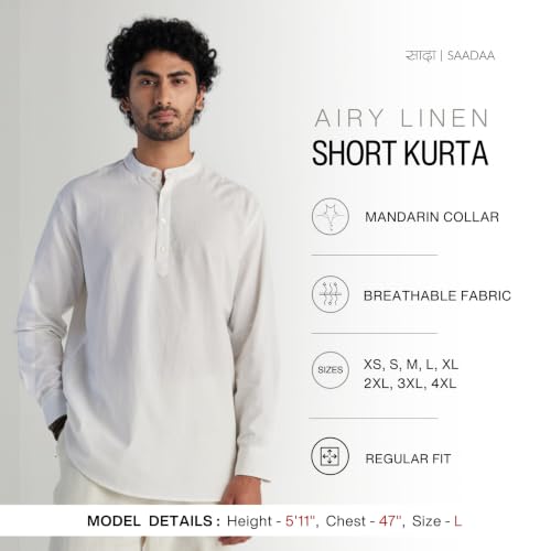 Image of SAADAA Men's Short Kurta - Linen Cotton Blend, Airy Fabric, Regular Fit, Mandarin Collar, Solid Color - Casual, Festive & Ethnic Wear