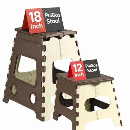 Image of PulGos 12 Inch + 18 Inch Folding Step Stool Combo for Adults & Kids | Heavy Duty Foldable Plastic Sitting Stool for Home, Kitchen, Bathroom, Garden & Travel | Anti-Slip, Durable | BRWN & White
