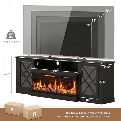 Image of BREEZEHEAT Fireplace TV Stand for TVs up to 90 inch, 3-Sided Electric Entertainment Center with 40 inch LED Fireplace, Media Console w /Storage Cabinet & Glass Doors, 79Inch, Black