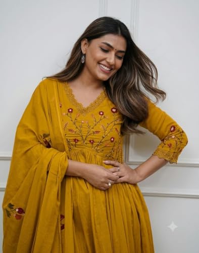 Image of KANCHAN TRADERS Women's Cotton Round Neck 3 /4 Sleeve Chikankari Embroidered Printed Kurta Palazzo with Dupatta Set