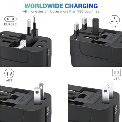 Image of Embox Universal Travel Adapter | All-in-One Worldwide Charger Adapter with Type C, USB & Type A Ports | Supports 224+ Countries | International Plug for Phone, Laptop, Gadgets (Black-Type C)
