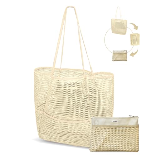 Image of Mesh Beach Tote Bag Packable,2026 New 2-in-1 Large Lightweight Foldable Beach Bags with Multiple Pockets for Women