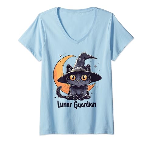 Femme Lunar Guardian Cute Witch Cat Païen Wiccan Goth T-Shirt avec Col en V