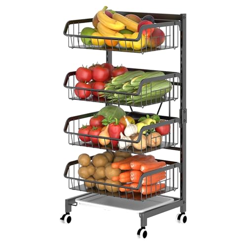 YULEESIYIP Carrys de Cocina de 4 Niveles sobre Ruedas Metal Ajustable Gran Capacidad de Almacenamiento de Vegetales Cesta de Almacenamiento de Vegetales de la despensa con Mesa de (4 cestas)