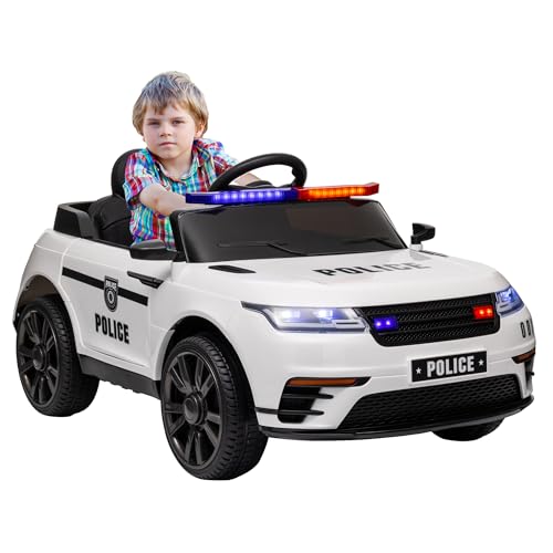 AIYAPLAY Coche Eléctrico para Niños de +3 Años Carro Eléctrico Infantil de Policía con Batería 12V Mando a Distancia Faros Bocina Sirena Música y Rueda de Entrenamiento Blanco