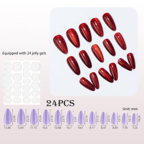 Image of 24 Pcs Press On Nails, Fake Nails For Girls, Cherry Red Cat Eye Press On Nails Kit, Glossy Nail Extensions For Women, Quick Fix For Festivals & Special Occasions