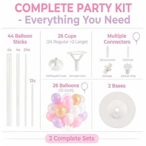 Image of Balloon Column Kit Set of 2,Anti-Tip Sand-Fill Base Balloon Tower Stand with 10 inch 26pc pink purple Confetti Balloons,Height Adjustable for Easter Birthday Wedding Bridal Party Decorations