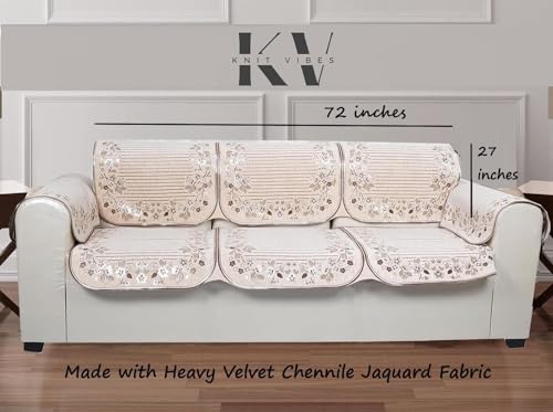 Image of KNIT VIBES Premium Velvet Jaquard Fabric Sofa Cover for 5 Seater Sofa Set Slipcover for 3+1+1 Seater Sofa Panel Cover, 5 Seater, Cream Color, Flower Lines