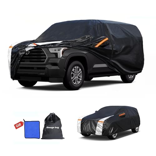 Image of 10 Layers Car Cover Custom Fit for Sequoia 100% Waterproof All Weather Automobiles, Gift with Towel, Heavy Duty Car Covers for Rain Sun UV Protection with Door Zipper.