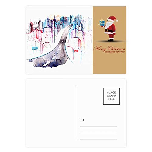 Cartes postales aquarelle Père Noël et ville - Lot de 20