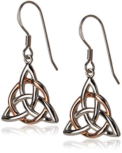 14k Rose Gold Plated Sterling Silver Two Tone Celtic Triquetra Trinity Knot Triangle Drop Earrings