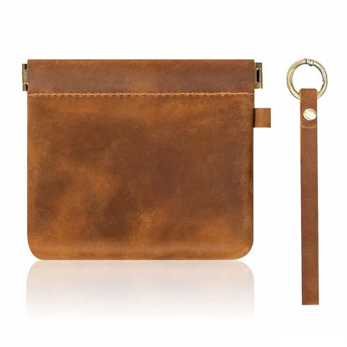 Leather Coin Purse with Wristlet, Aesthestyle Coin Pouch with Dual Interlayer, Card and Change Holder, Easy Clip on without Zipper, Squeeze Coin Wallet, Handmade Genuine Leather Wallet For Men/Women
