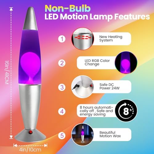 YiPinYin 16Inch LED Non-Buble Safe DC Powered Motion Lamp?LED Liquid Motion Lamp with 7 Color Changing Night Lights for Kids Adults, Home Decor, Magma Relaxing Lamp for Gift(Purple/Pink)