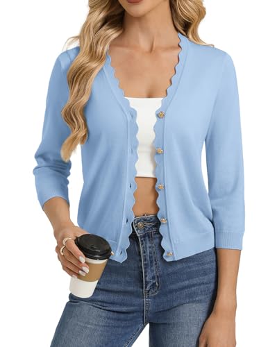 GRACE KARIN Womens Blue Cropped Cardigan Sweater 3/4 Sleeve Lightweight Shrugs Trendy Business Casual Fall Outfit Teacher Must Haves