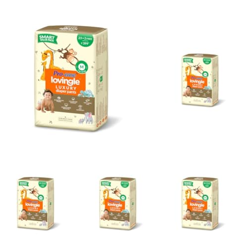 Image of Pro-ease Lovingle Luxury Baby Diaper|Pant Style Diaper for Baby|Diaper M size|2X Absorption*IAdvanced Leakage Protection|Wetness Indicator|Easy Throw Tape|7-12 kg|25(23+2Free) Pieces (Pack of 5)