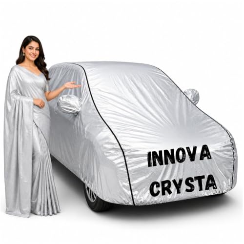 Image of Waterproof Car Body Cover for Innova Crysta All Weather Protection Comes with Inner Cotton Lining & Triple Stitched with Mirror & Antenna Pocket Belt & Elastic Fit Metallic Silver with Black Piping1
