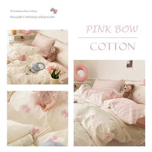 Image of Nayoroom Pink Bow Polka Dot Duvet Cover Queen Reversible Striped Bedding