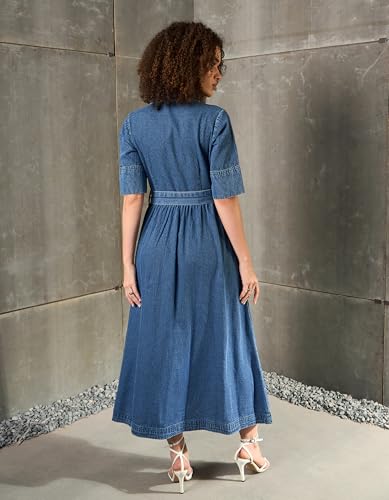 Image of Sassafras Women's A-Line Fit & Flared Half Sleeves Denim Belted Maxi - Casual Streetwear Denim Dress