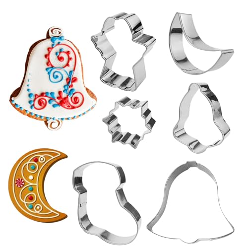 Molde de bolachas de Natal em aço inoxidável, 6 peças de molde cortador de bolachas, forma para assar bolachas em forma de anjo, sino, meias de Natal, lua, utensílios de cozinha