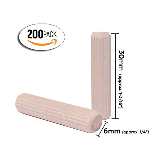 Wooden Dowel Pins 6 x 30mm (Approx 1/4 x 1 1/5 inch) Fluted Wood Dowels Rods 200 Pack Hardwood Wood Crafts Pegs