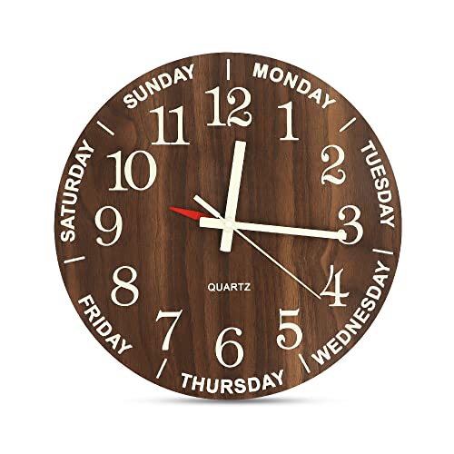30,5 cm leuchtende Wochen-Wanduhr, geräuschlos, nicht tickend, Holzdesign, leuchtet im Dunkeln für Küche, Wohnzimmer, Schlafzimmer, Büro, Schule (braun) Cover