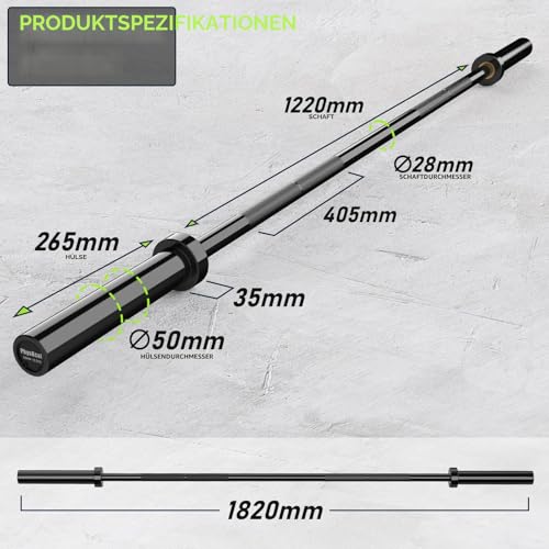 PhysKcal 182 cm Langhantel, Ø50 mm Hantelstange, Schwarz, 13,5 kg