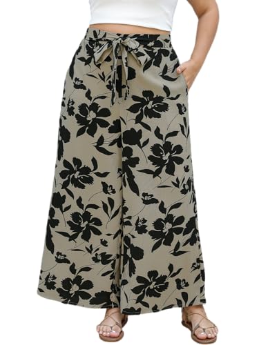 CUPSHE Women's Plus Size Wide Leg Pants High Elastic Waist Adjustable Knot Casual Flowy Trousers with Pockets