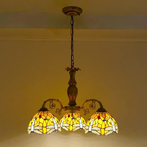 KXEcoLife Lámpara de Techo Estilo Tiffany [3 Luces] Altura Ajustable 30 cm Lámpara Colgante Vintage de Cristal de Colores E26 para Sala de Estar, Dormitorio, Comedor, Cocina, decoración Anti
