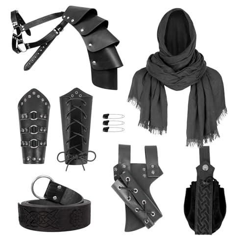 Dicxoser 7 Pcs Renaissance Costume Accessories Men - Leather Armor Pauldron & Shoulder Cape Set Bracers for Knight & Assassin (Black)