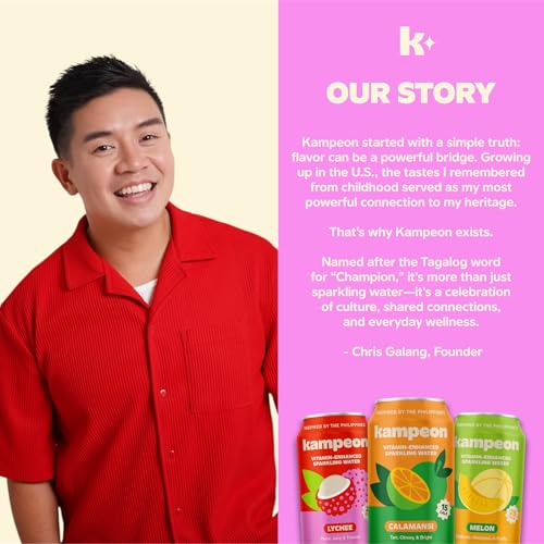 Image of Kampeon Lychee Filipino-inspired sparkling water - 12oz Cans (6-Pack) | Filipino Tropical Soda Alternative with Lychee Juice,Vitamin C, Magnesium & B6 B12 | Lightly Sweet, No Artificial Sweeteners, Caffeine-Free