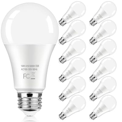 LED Light Bulbs 100 Watt Equivalent 1600 Lumens, A19 14W Super Bright Daylight White 5000K LED Bulbs, Standard E26 Medium Screw Light Bulbs Non-Dimmable, 25000+Hrs Lifespan, No-Flicker, 12-Pack