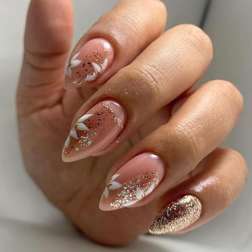 MAOTTIE Short Press On Almond Fake Nails - Flower Acrylic Fall Nails Press Ons Full Cover Glue On Cute False Floral Stick On Nails for Women - 30 Pcs