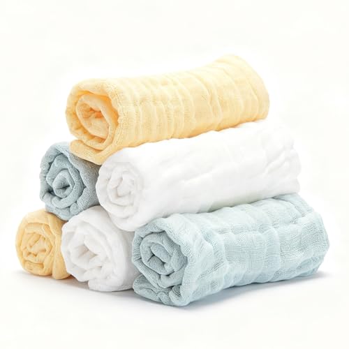 Image of Bear Rocket Organic Muslin Baby Washcloths 6 Pack Baby Bath Face Towel 12x12 Inch Extra Absorbent and Soft Burp Cloth and Wash Cloths for Newborn-Infants On Sensitive Skin (White Green Yellow)