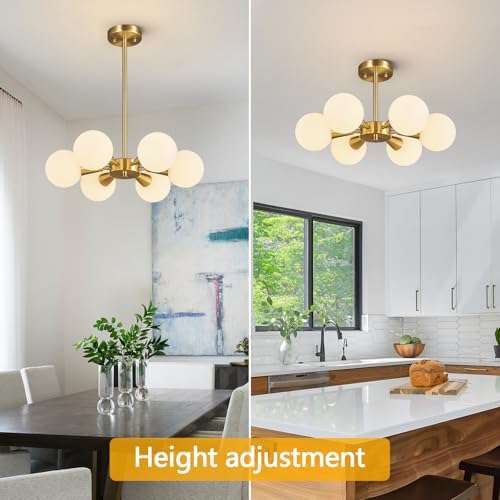 Image of Mid Century Modern Ceiling Light with Milk White Glass lampshade Gold Semi Flush Mount Ceiling Light Fixture Sputnik Chandelier for Bedroom Living Room Dining Room Foyer Hallway(6-Lights)