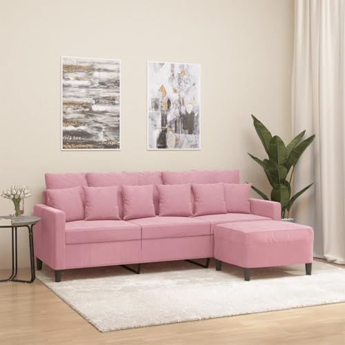 Sofá de 3 plazas en terciopelo rosa de 180 cm con práctico taburete a juego 2