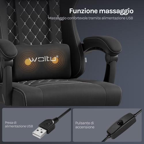 Sedia Gaming con Massaggio, Sedia da Ufficio Ergonomica Girevole Ampia Imbottita per Computer con Cuscino Lombare Massaggiante, Carico 150 Kg, Tessuto Tecnologico, Nero+Bianco - Sedia gaming - Immagine 7