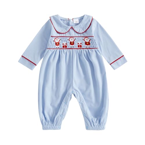 Newborn Baby Boy Girl Christmas Outfit Santa Smocked Romper Peter Pan Collar Long Sleeve Corduroy Jumpsuit Clothes
