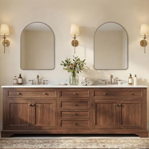 Image of ANDY STAR Arched Mirror, 20 x 28 Inch Brushed Gold Wall Mirror in Stainless Steel Metal Frame, Arch Top Rounded Corner 1 Inch Deep Set Design Wall Mount Hangs Vertical