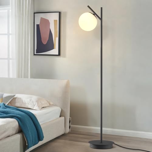 Image of Modern Floor Lamp for Living Room Retro Vintage Tall Standing Lamp Mid Century Black Freestanding Lamp Contemporary Glass Floor Lamps for Bedroom Office Hotel