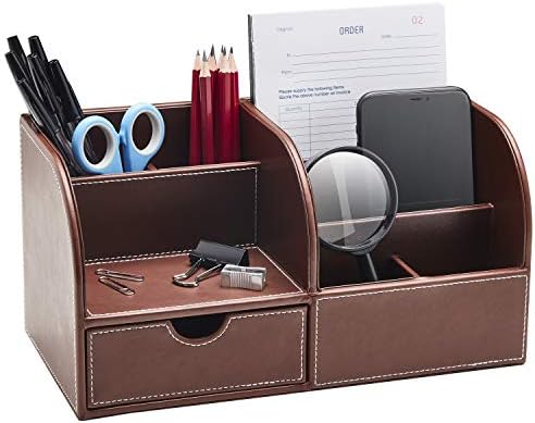 GALLAWAY LEATHER Desk Organizer Caddy- Office Stationery Storage Box Organizer, Holds Desk Supplies Like Business Card, Pen, Pencil, Mobile Phone, Men Office Desk Accessories (Brown, Large)