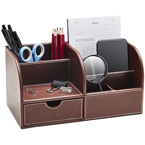 GALLAWAY LEATHER Desk Organizer Caddy- Mens Desk Organizer,Home Office Organization, Holds Business Card, Pen, Pencil, Mobile Phone,School Desk Supplies,Office Desk Accessories (Brown, Large) Cover