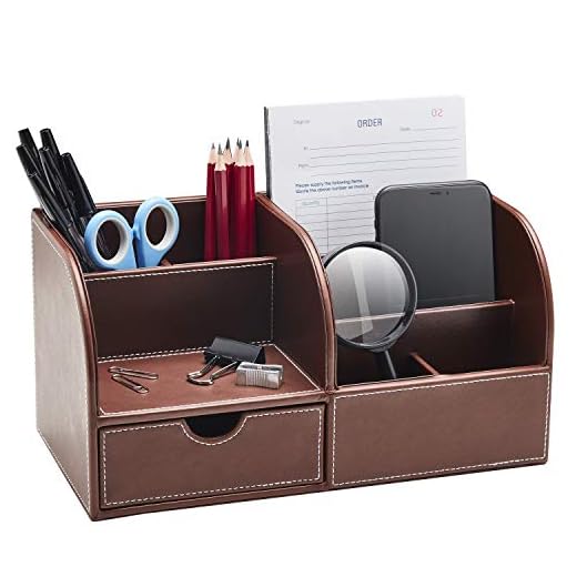 GALLAWAY LEATHER Desk Organizer Caddy- Office Stationery Storage Box Organizer, Holds Desk Supplies Like Business Card, Pen, Pencil, Mobile Phone, Men Office Desk Accessories (Brown, Large)
