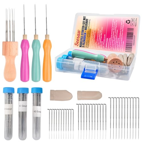 Seesaw Nadelfilz-Set, Nadelfilzzubehör mit Filznadeln in 3 Größen, Filznadelgriff aus Holz, Nadelfilz-Starter-Set, ideal für Anfänger oder Profis