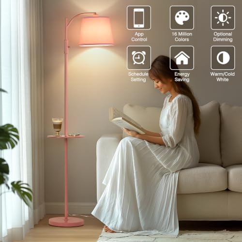Image of AIDENOEY Smart Floor Lamp with Side Table | Stepless Dimming, RGB Multi-Color | Adjustable Swivel Head | Voice Control with Alexa & Google Assistant |Pink Lamp for Living Room,Bedroom,Home Office