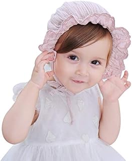 Baby Girl Bonnet Hat Cotton Floral Christening Bonnet for Newborn Infant Girls Breathable Sun Hat Summer Caps with Chin Strap Princess Style Hat for Baby Toddlers Girls 0-24 Months
