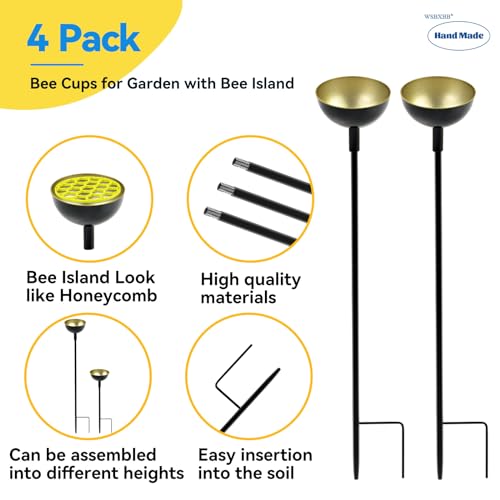 WSBXBB 4 Pack Bee Cups for Garden with Bee Island, Bee Waterer and Butterfly Water Stations, Bee Water Catcher Cups for Thirsty Pollinators, Bee Bath, Colorful Metal Garden Sculpture Stakes Decor