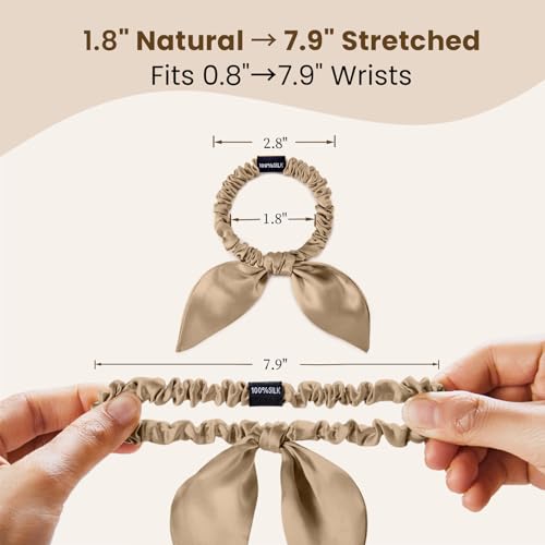Image of THXSILK 100% Mulberry Silk Bow Scrunchies 3-Pack, 22 Momme Mulberry Silk Hair Ties for Women, Cute Bunny Ear No Damage Ponytail Holders, Fashion Hair Accessories for Girls(S, Taupe)