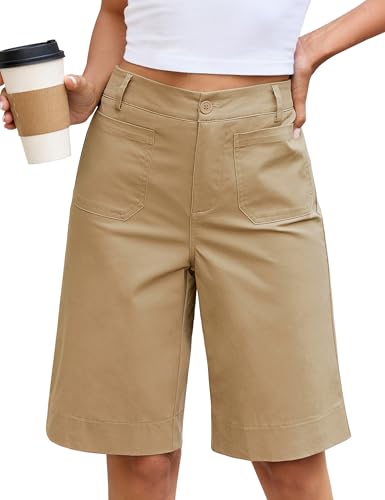 luvamia Bermuda Shorts for Women Knee Length High Waisted Dressy Casual Patch Pocket Chino Elastic...